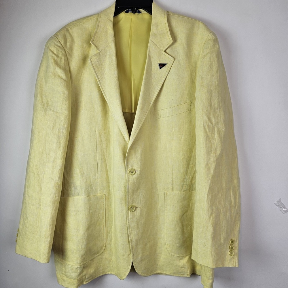 Alan Flusser Linen Blazer Jacket Mens XL Yellow Sport Coat Preppy Modern & Pin